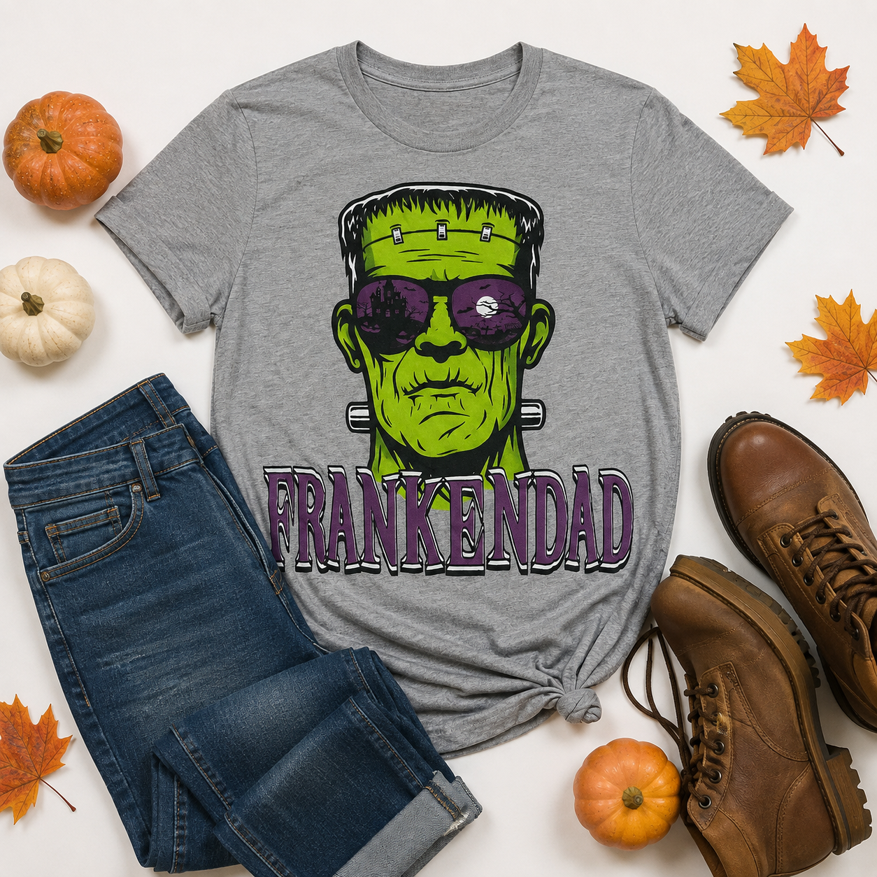 FrankenDad Halloween graphic tee flat lay with jeans, brown boots, pumpkins and autumn leaves