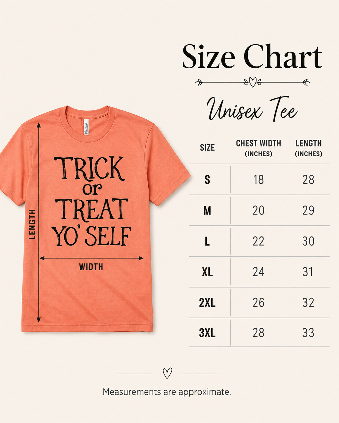 Trick or Treat Yo’Self unisex tee size chart showing width and length measurements from S through 3XL