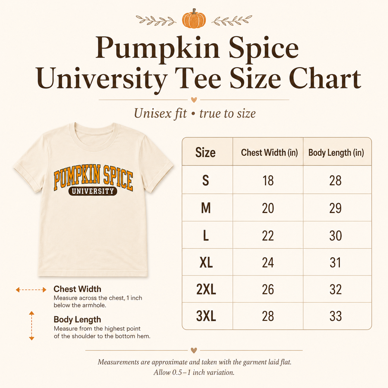 Pumpkin Spice University Tee Size Chart infographic showing a cream t-shirt with 'Pumpkin Spice University' text and a size measurement table from S to 3XL with chest width and body length in inches.
