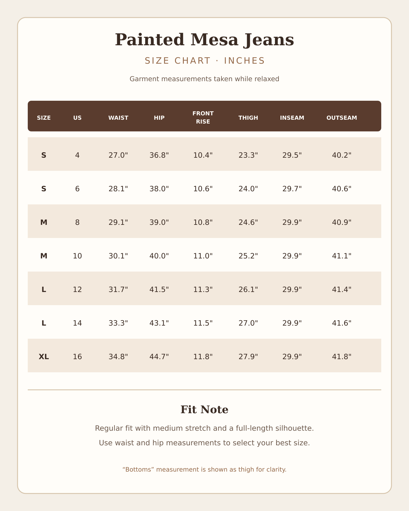 Painted Mesa Western jeans size chart with waist, hip, rise, thigh, inseam and outseam measurements