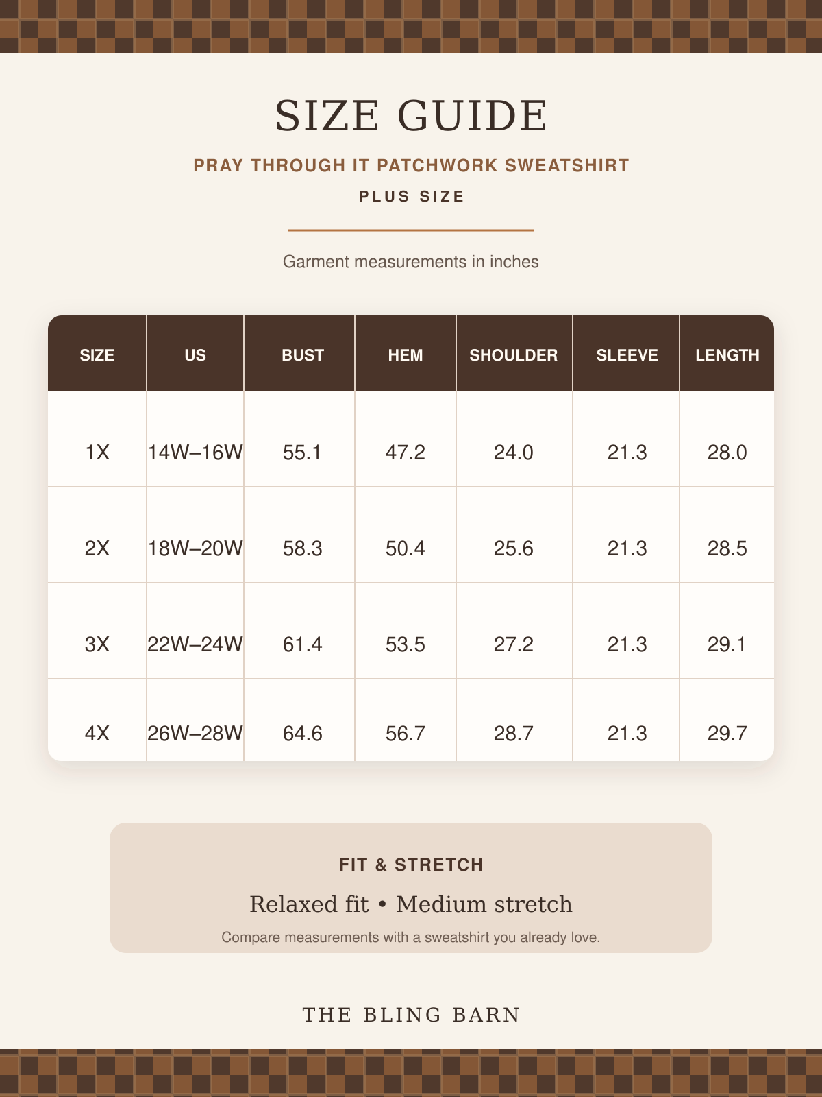 Plus-size chart for the Pray Through It Patchwork Sweatshirt in sizes 1X through 4X with garment measurements in inches.