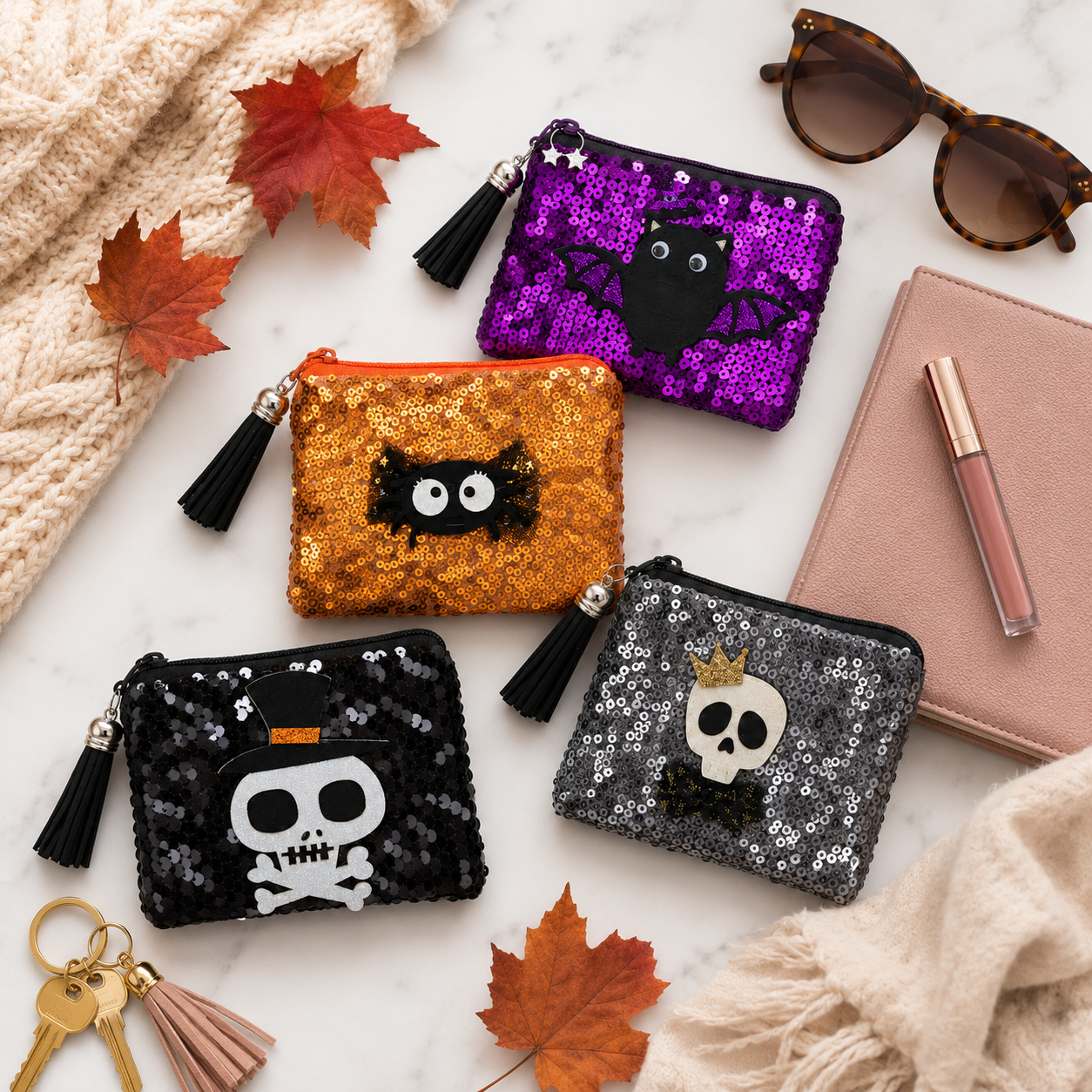 Assorted Halloween sequin coin purses styled in a fall flat lay with leaves, sunglasses and everyday accessories.