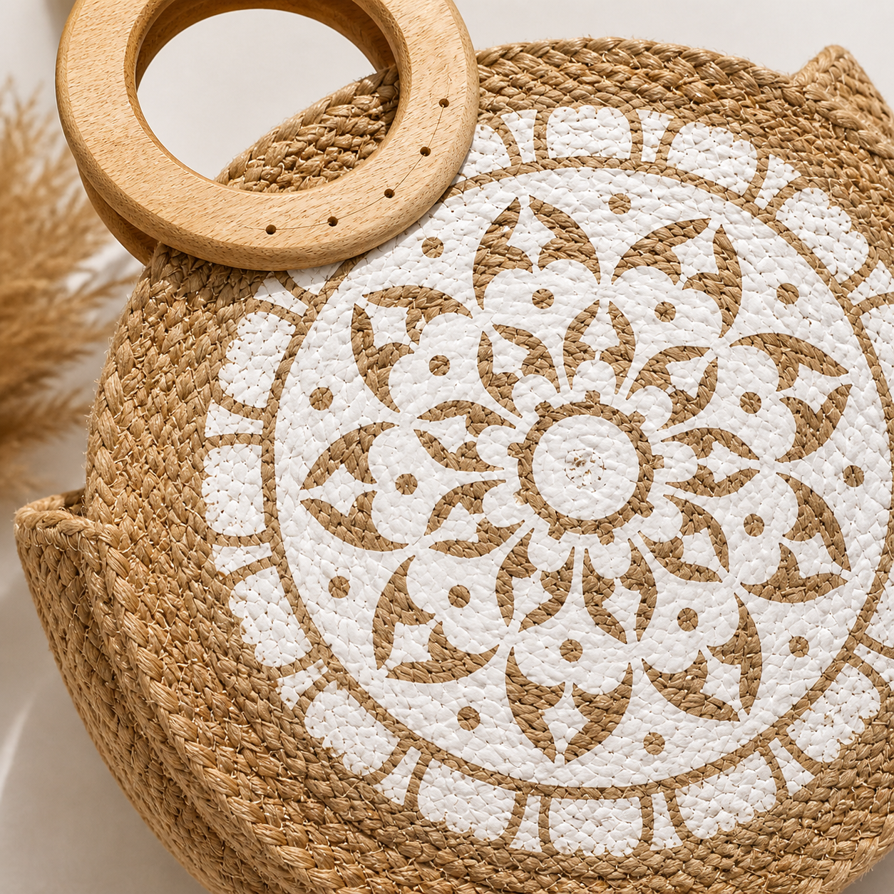 Santorini Round Jute Tote – Wooden Handle Coastal Bag