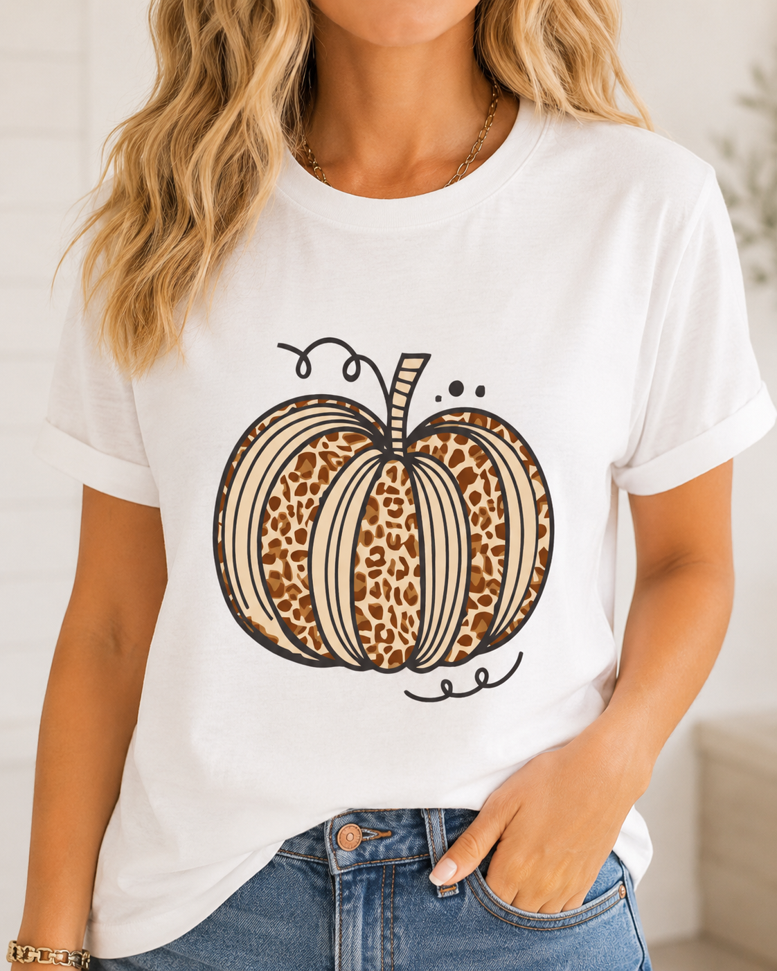 Close-up of the Leopard Pumpkin Graphic Tee showing the pumpkin design with leopard print detail.