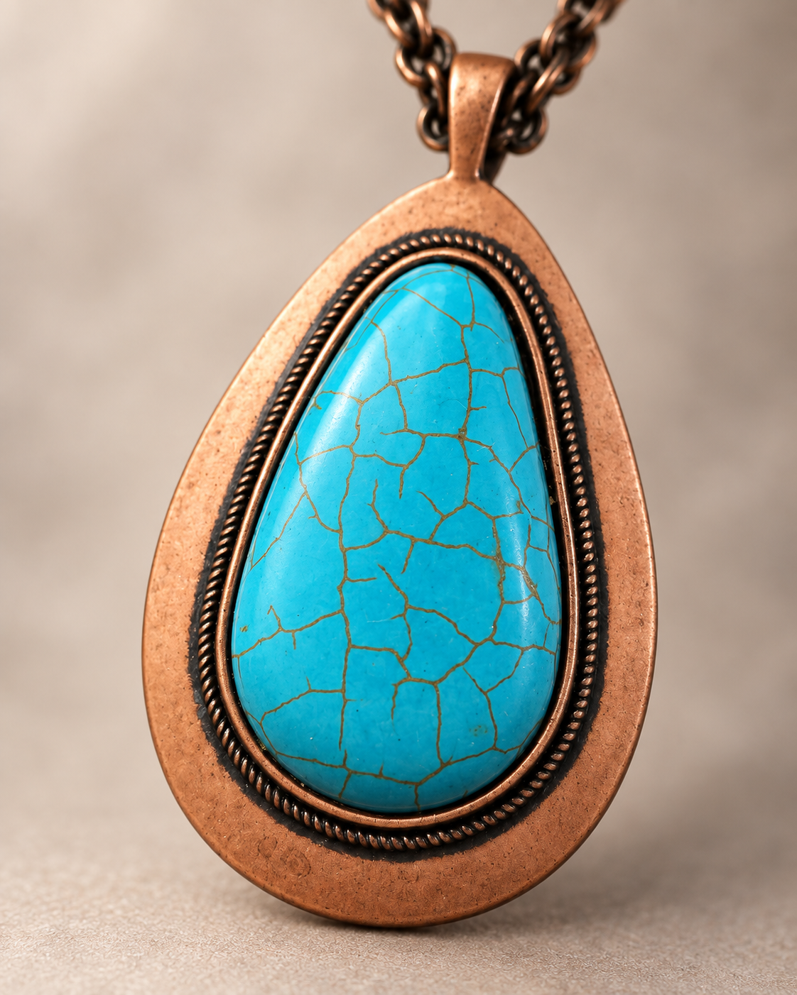A teardrop-shaped turquoise pendant necklace with a textured bronze-toned metal frame and chain, shown against a neutral beige background.