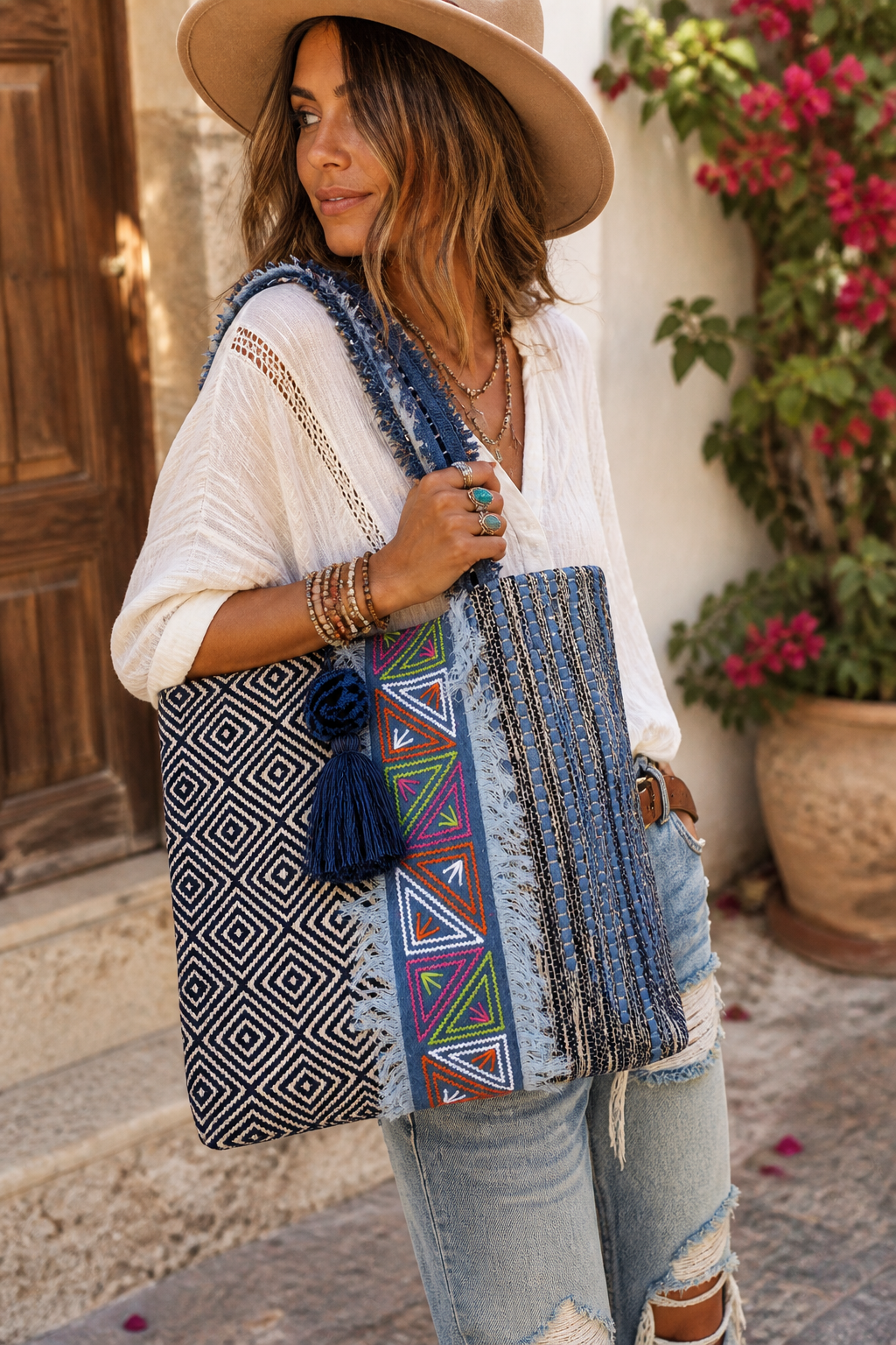 Boho Coastal Patchwork Tote – Textured Tribal Carryall