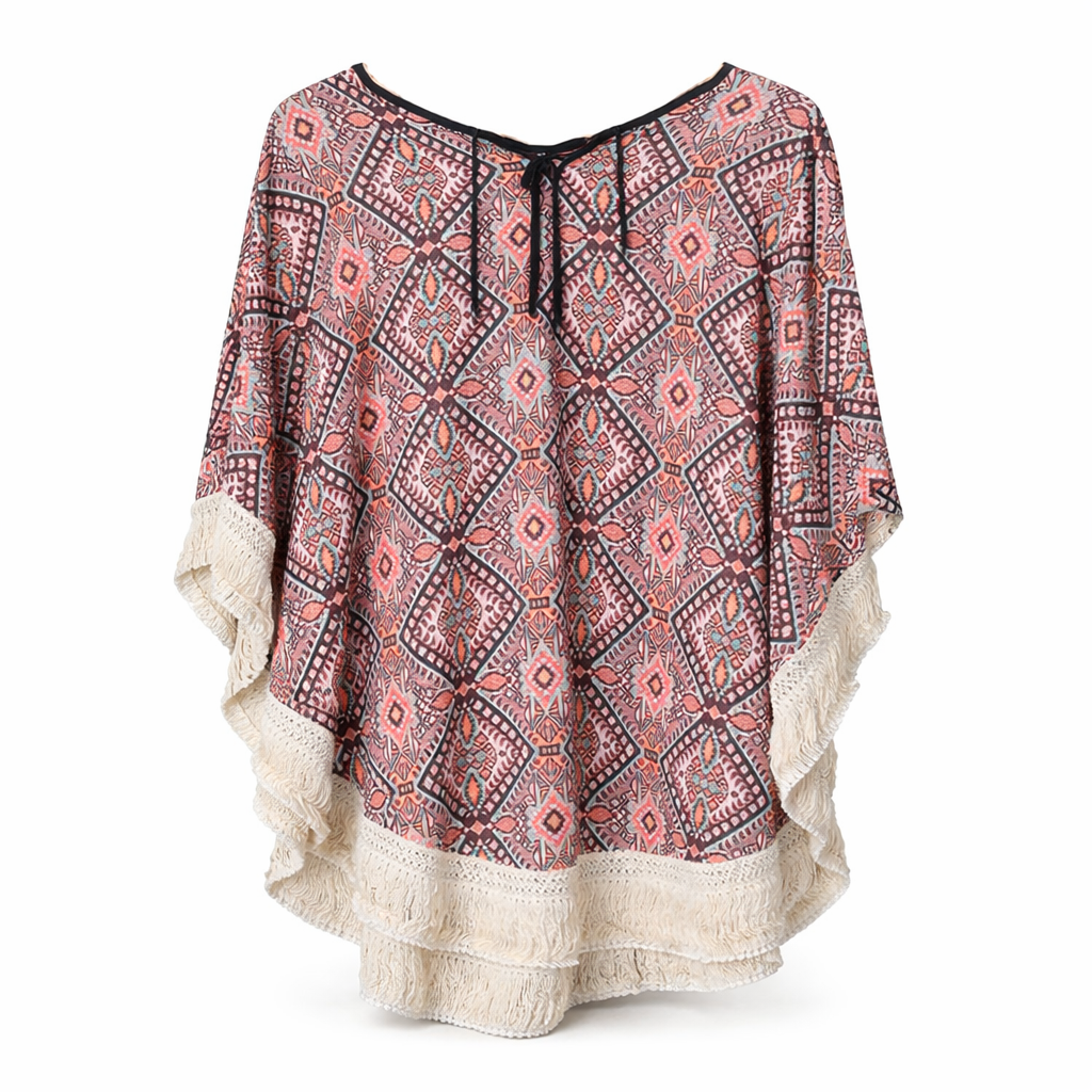 Golden Fringe Aztec Poncho Top Coastal Cowgirl Boho Summer Outfit