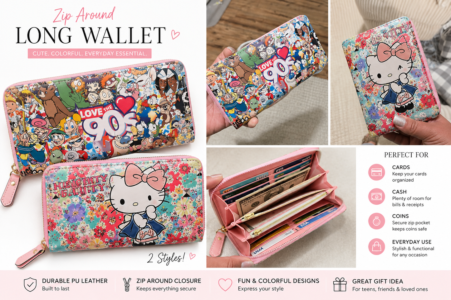 Retro Print Zip Around Wallet – 2 Styles