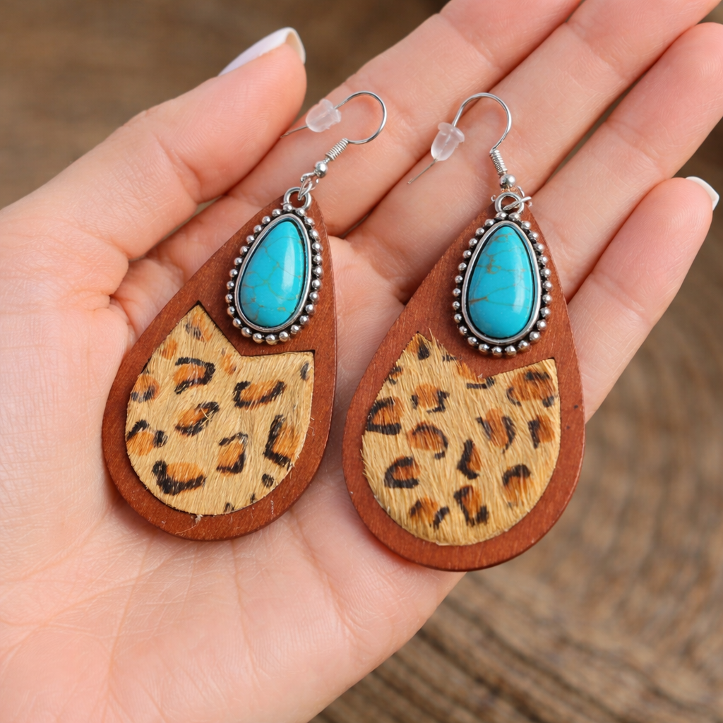 Saddle Ridge Turquoise Wood Teardrop Earrings