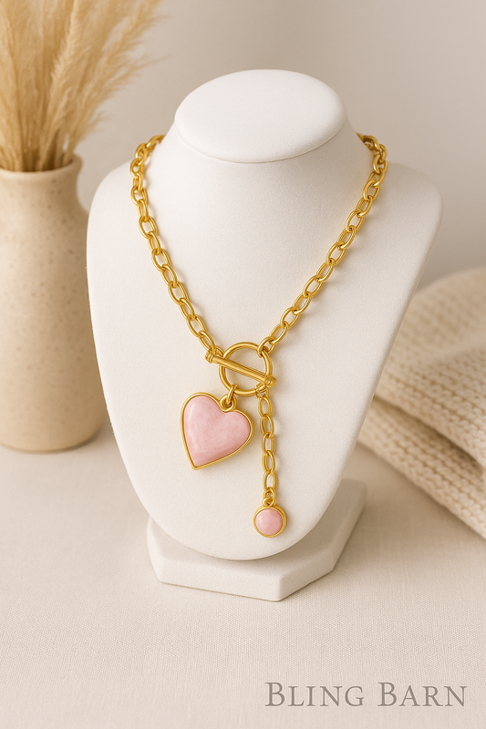 Locked In Love Charm Necklace – Gold Heart Toggle Chain (Red & Pink Options)