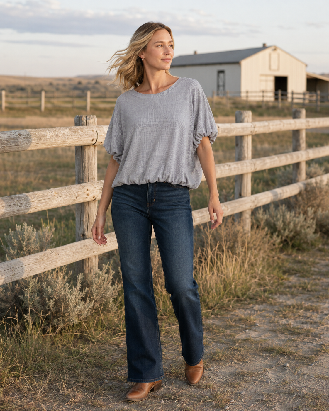 Grey Haven Micro-Check Bubble Hem Top
