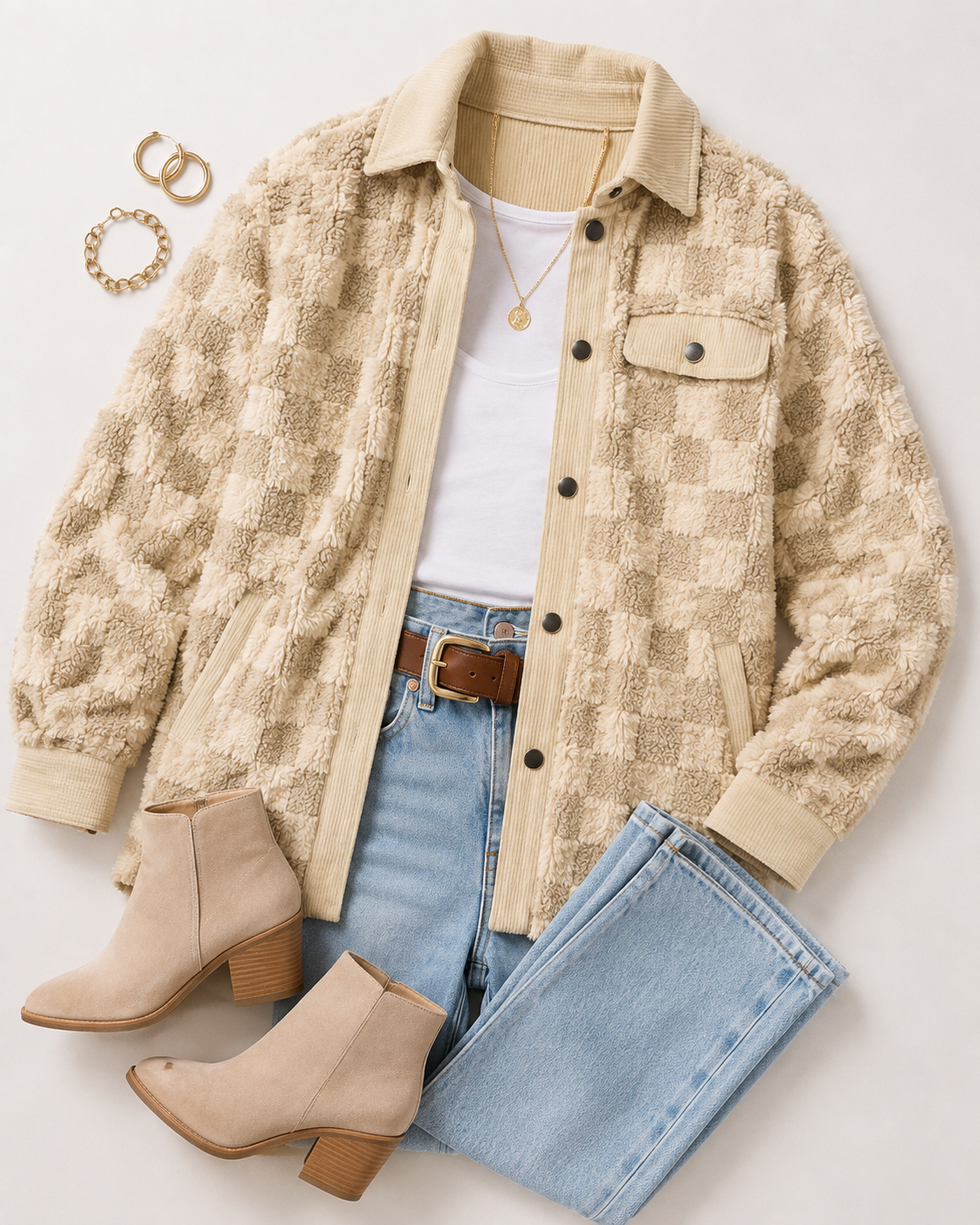 Flat lay of the High Plains Plush Check Shacket with white tank, light-wash denim, brown belt, gold jewelry, and neutral ankle boots.