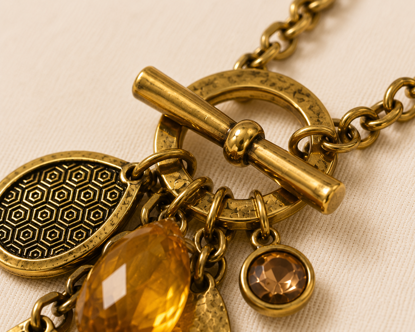 Golden Hour Charm Necklace Set | Antique Gold Toggle Necklace with Matching Earrings