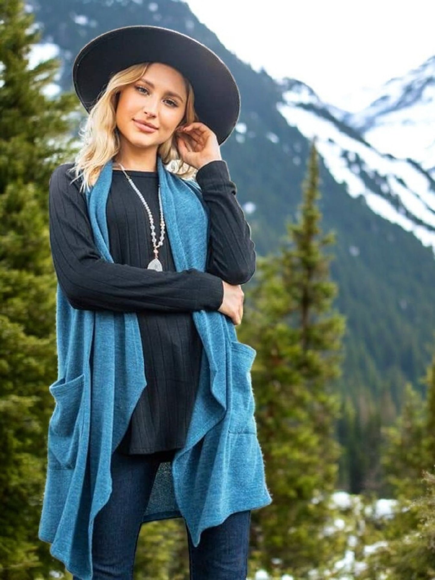 Teal Open Front Free Flowing Vest Cardigan with Pockets