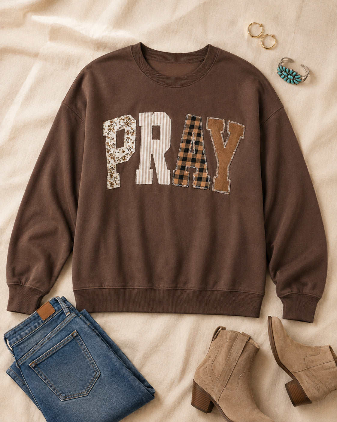 Pray Through It Patchwork Western Sweatshirt
