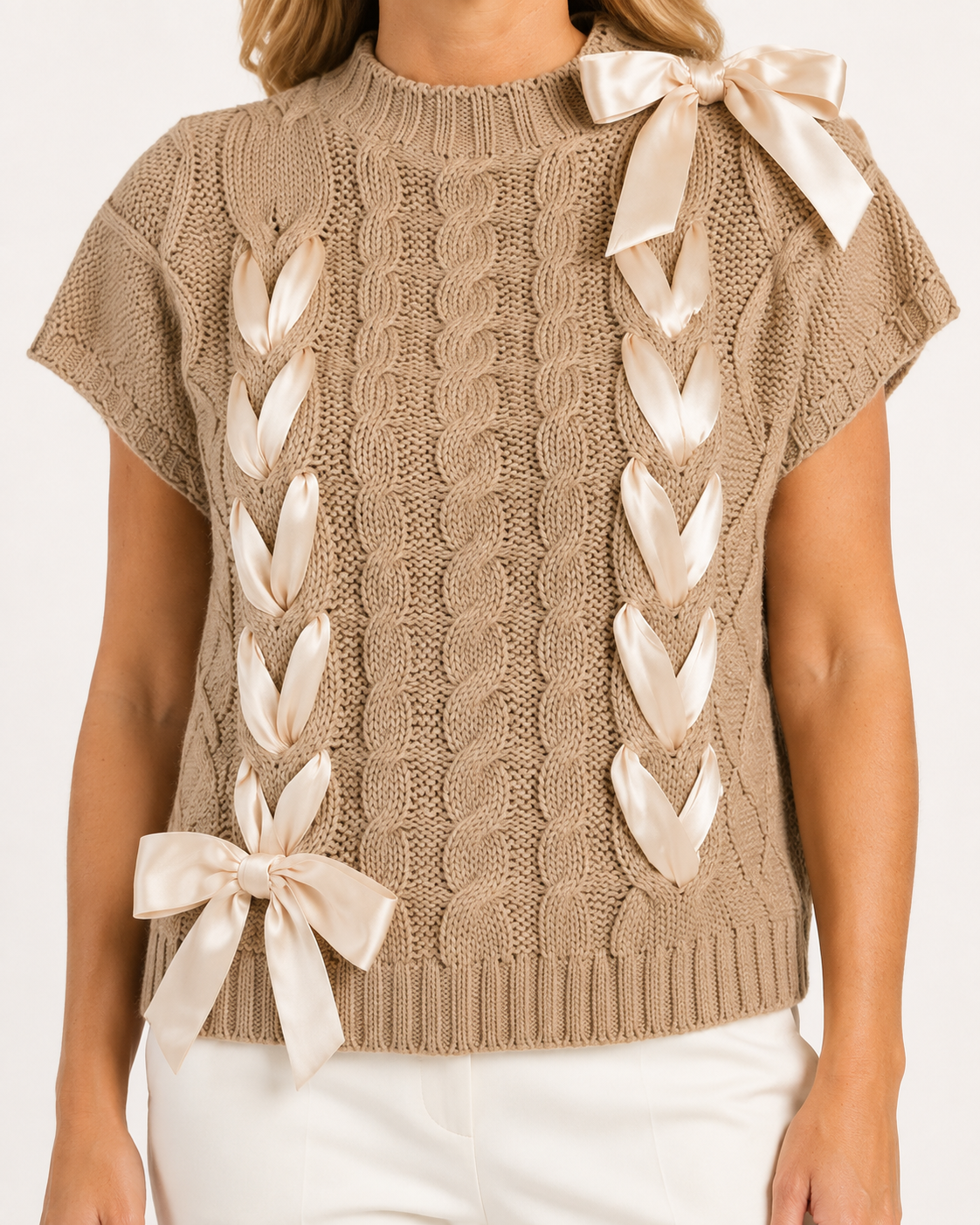 Softly Tied Satin-Ribbon Cable-Knit Sweater