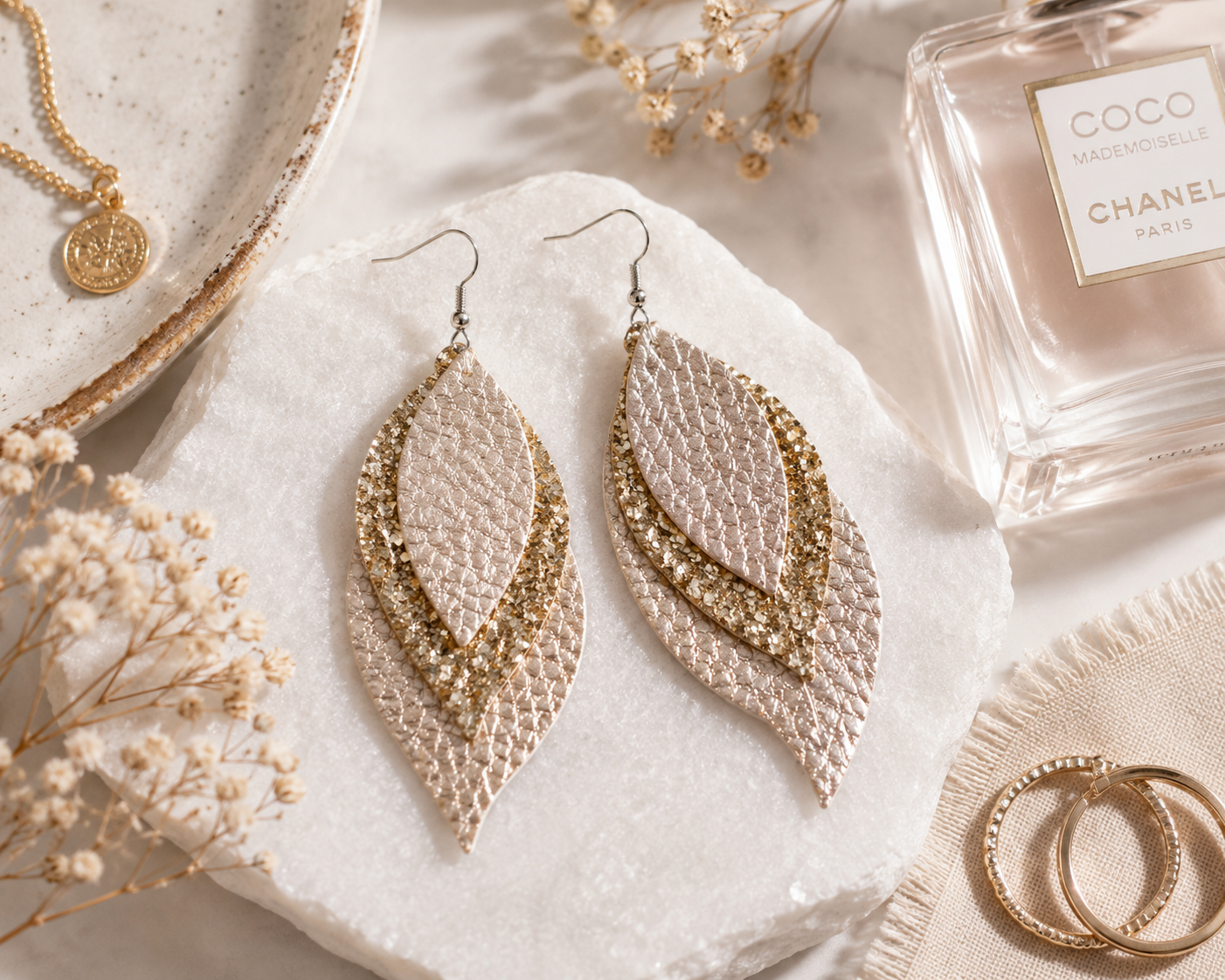 Champagne Shimmer Layered Leaf Earrings