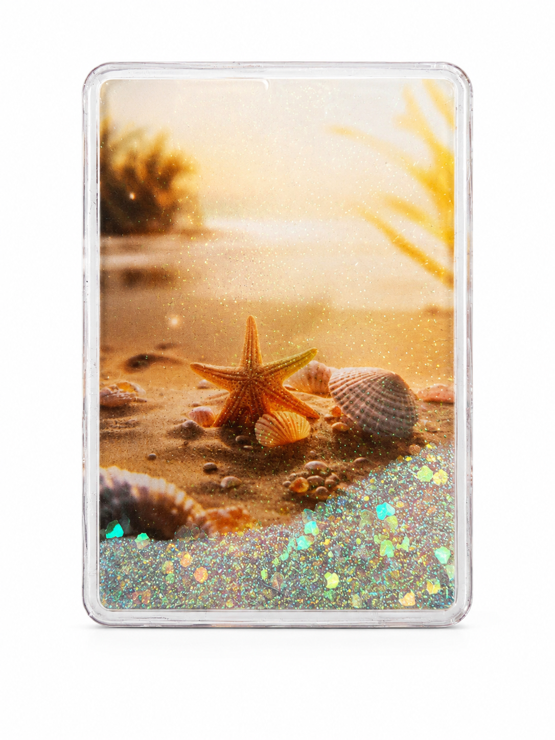 Mermaid Beach Glitter Water Filled Compact Mirror – Coastal Seashell Pocket Mirror with Moving Glitter & Magnifying Mirror