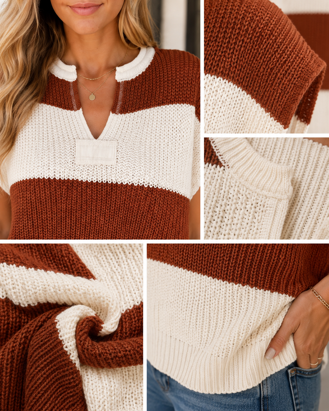 Close-up detail of the Saddle Stripe sweater showing the textured knit, V-neckline, ribbed trim, and brown and ivory stripes.