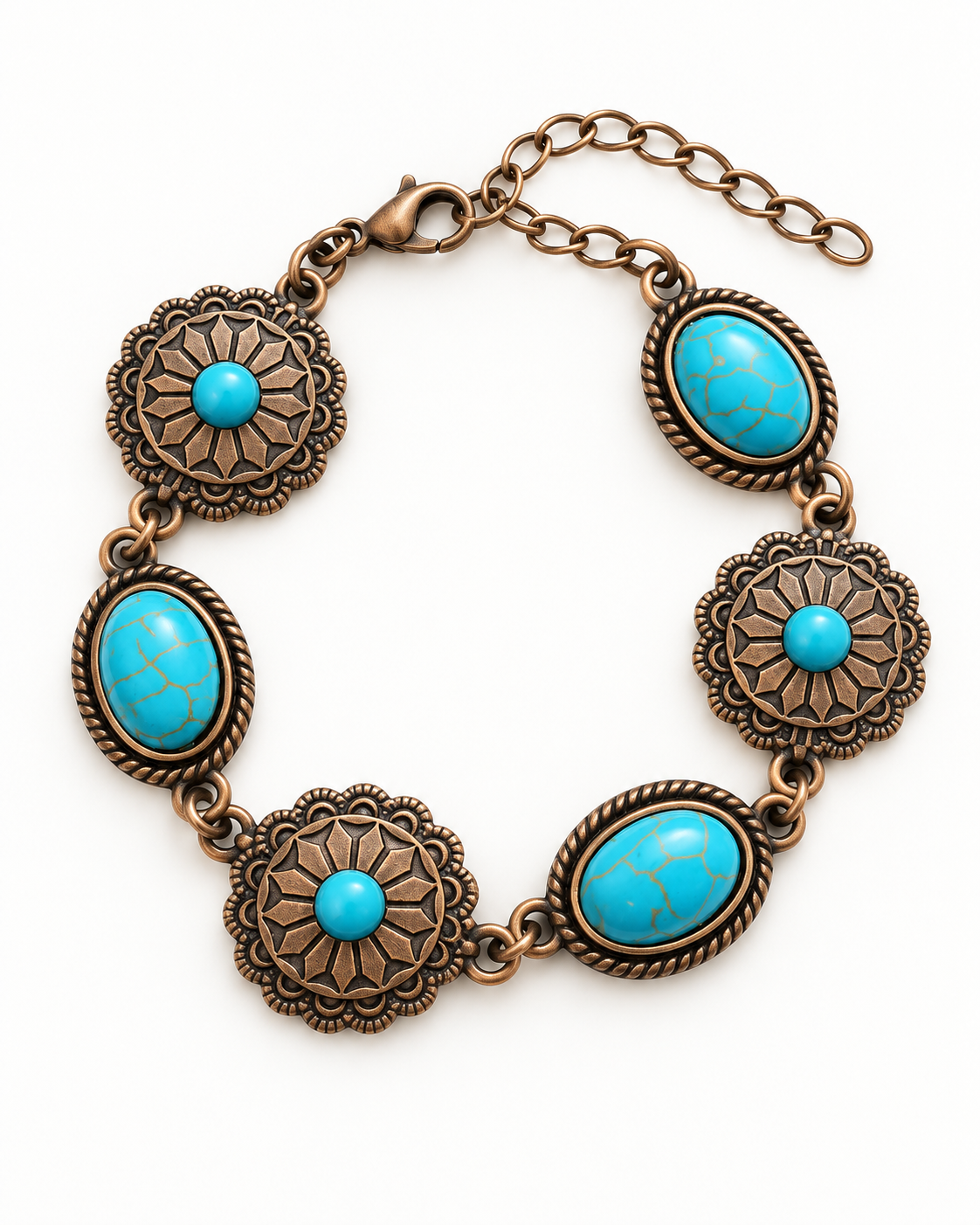 An antique bronze-toned bracelet featuring five oval turquoise stone settings and three matching circular medallions, connected by a chain extender with a lobster clasp, shown on a plain white background.