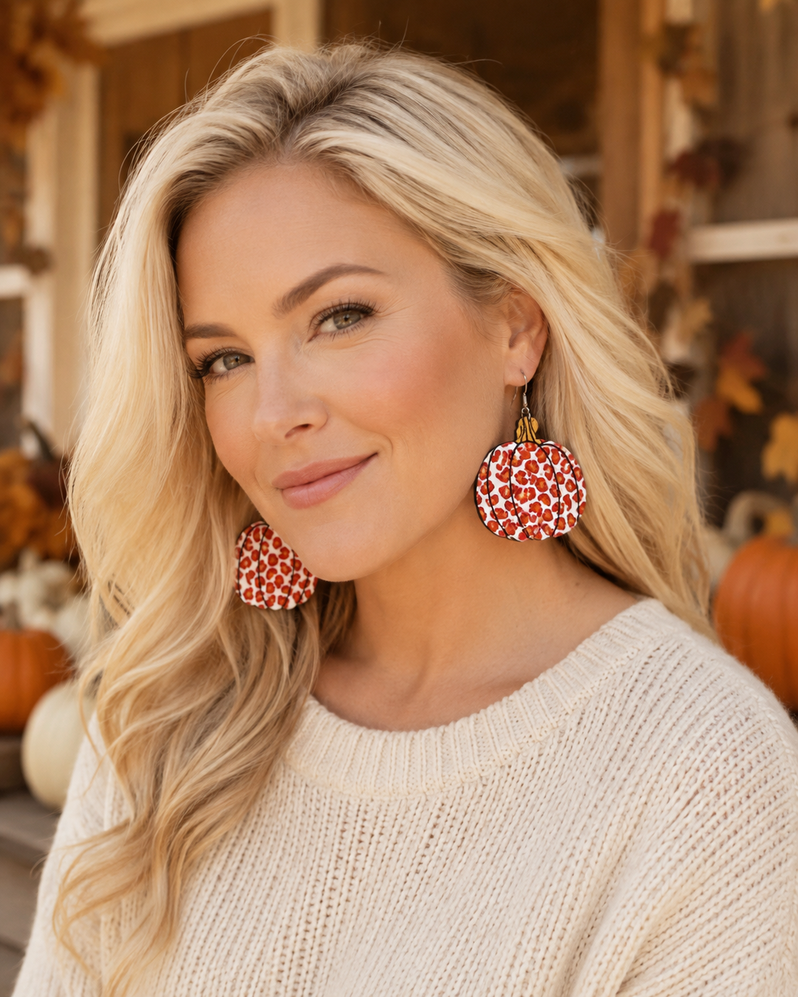 Emma wearing Wild Harvest Leopard Pumpkin Earrings with a cream knit sweater in a warm autumn setting.