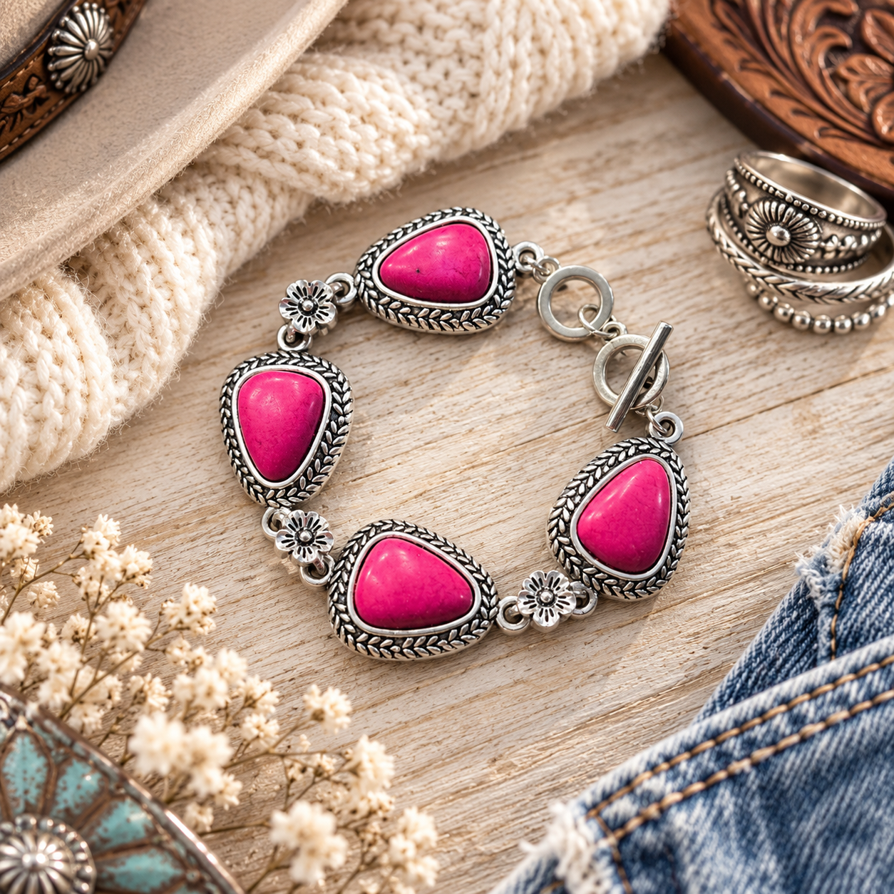 A silver-toned bracelet with four bright pink teardrop-shaped stones and decorative filigree details, styled on a wooden surface with a cream knit sweater, rings, dried flowers, and denim nearby.