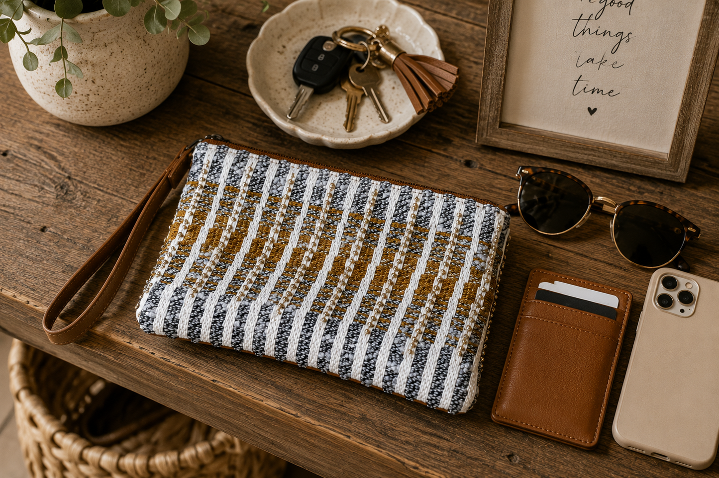 Harbor Stripe Beaded Wristlet Clutch