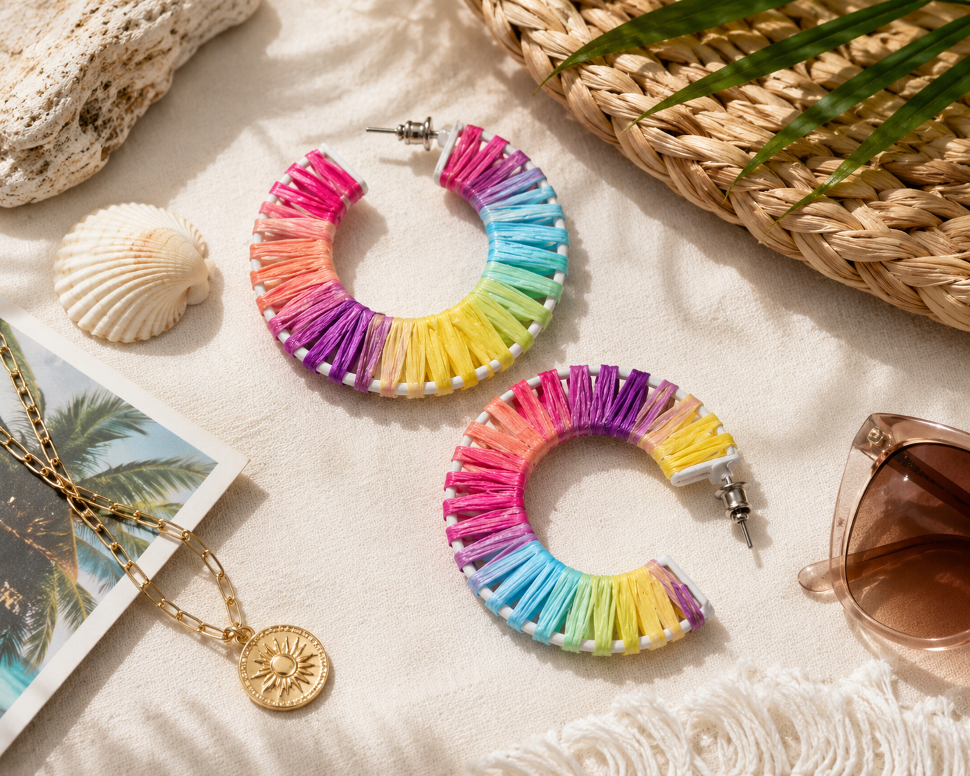 Cotton Candy Rainbow Raffia Hoop Earrings