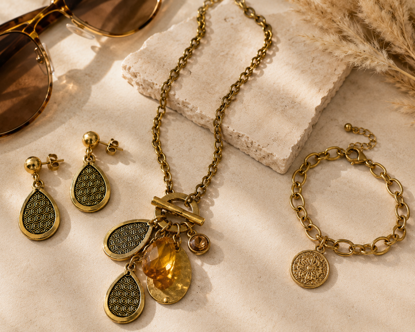 Golden Hour Charm Necklace Set | Antique Gold Toggle Necklace with Matching Earrings
