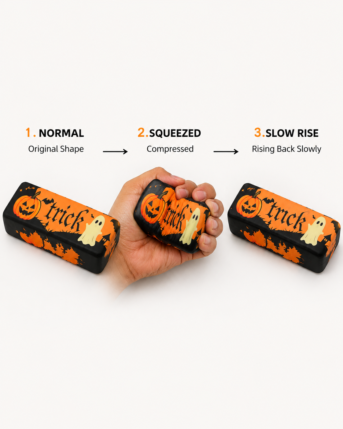 Three-step demonstration of Halloween butter squishy shown in normal, squeezed and slow-rise stages