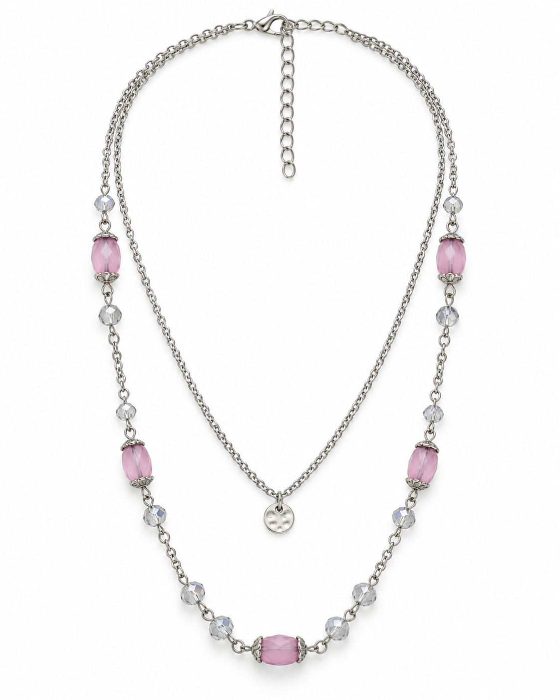 A double-layered silver-tone necklace featuring pink rectangular beads and clear faceted round beads, displayed on a clean white background.