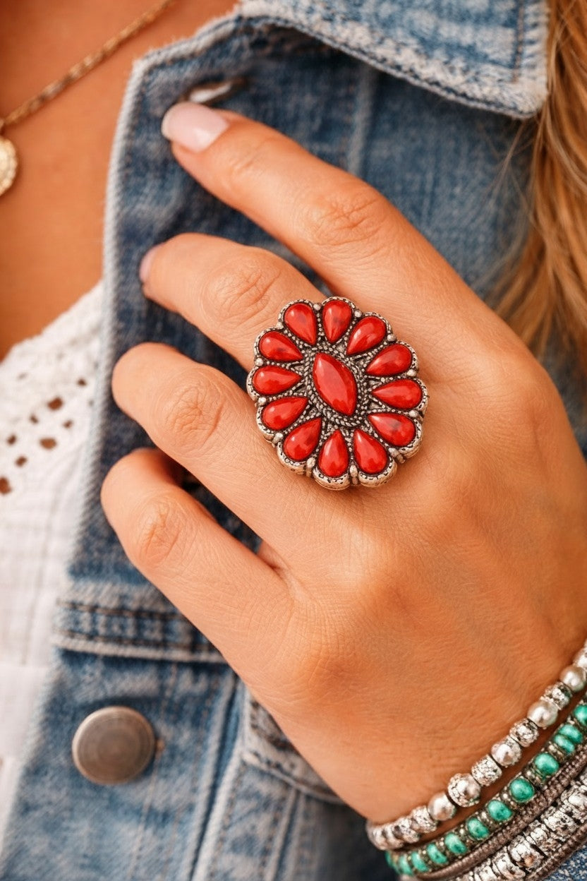 Crimson Cowgirl Bloom Stretch Statement Ring