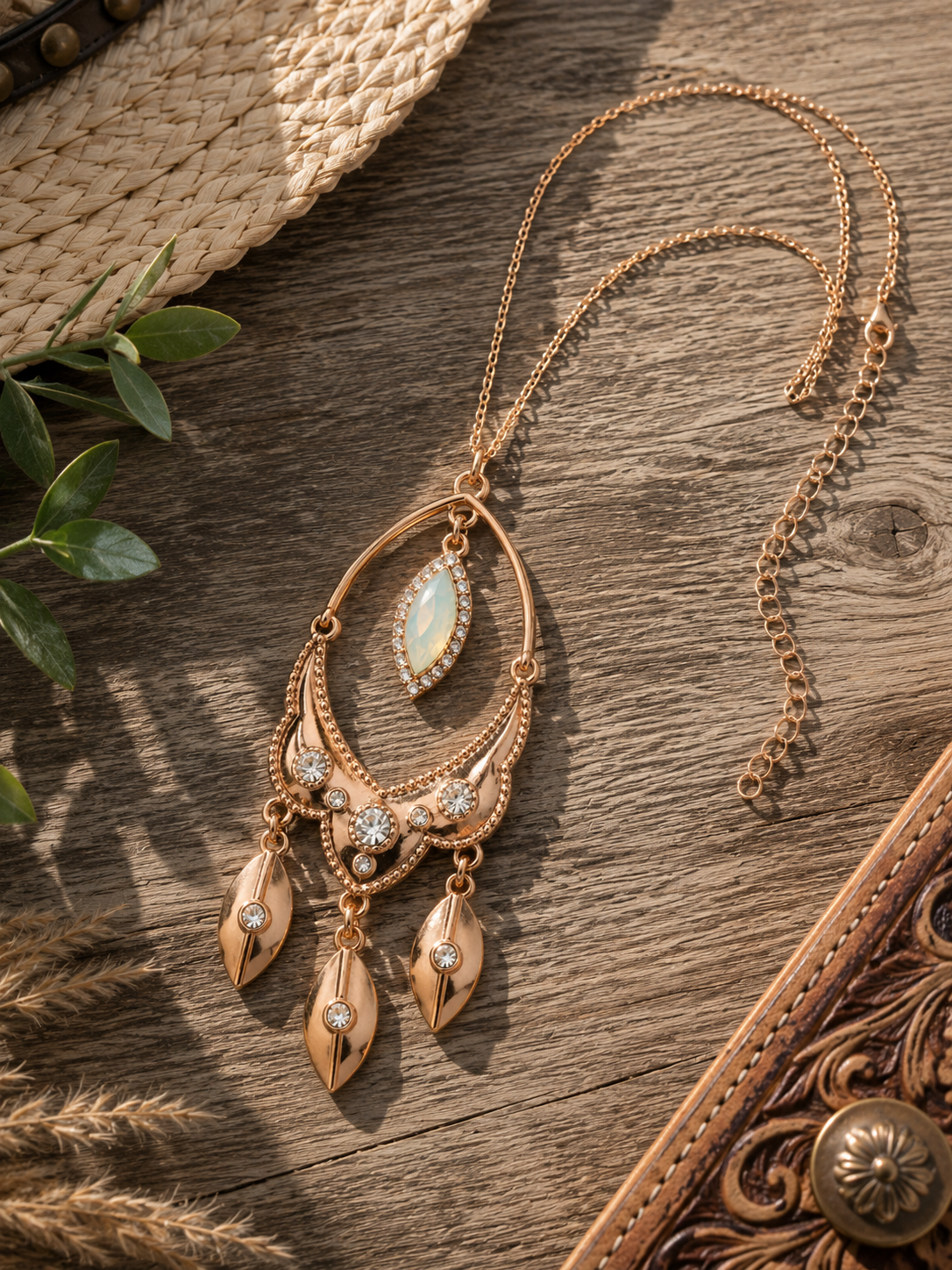 Desert Glow Long Pendant Necklace styled on rustic wood with western-inspired accessories and natural greenery