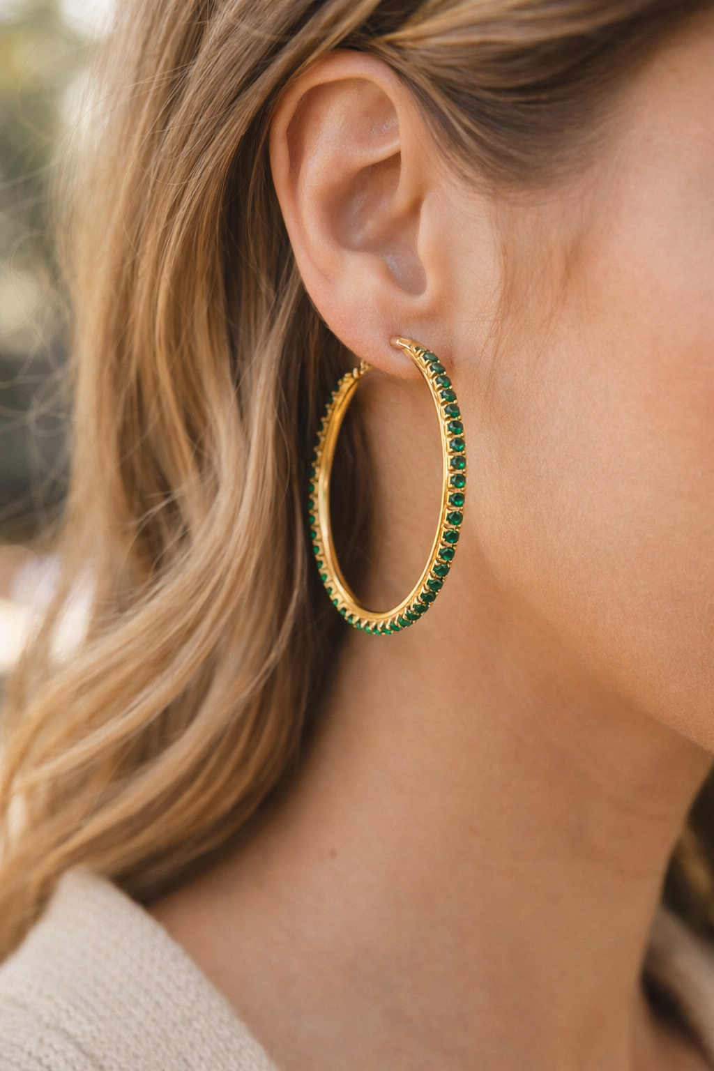 Emerald Glow Rhinestone Hoop Earrings