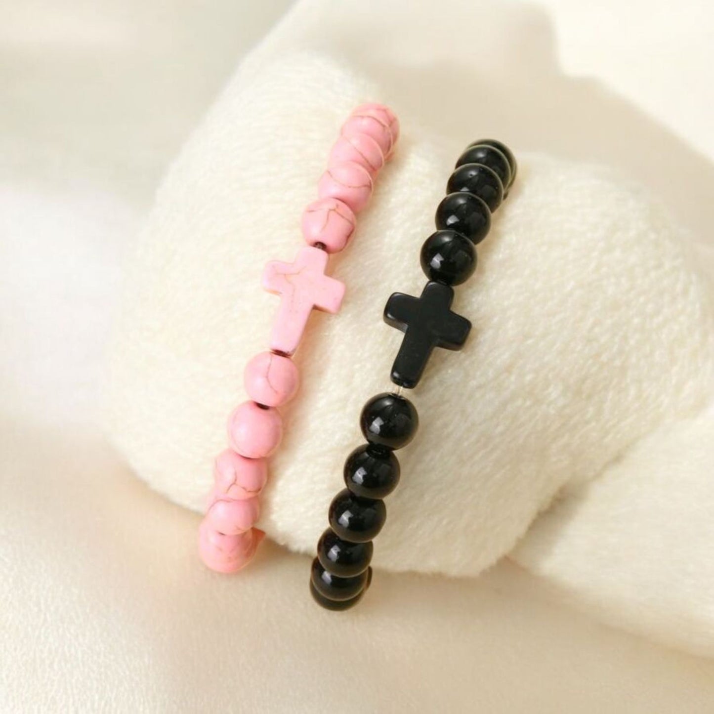 Crackled Stone Stretch Cross Bracelets in Pink or Black