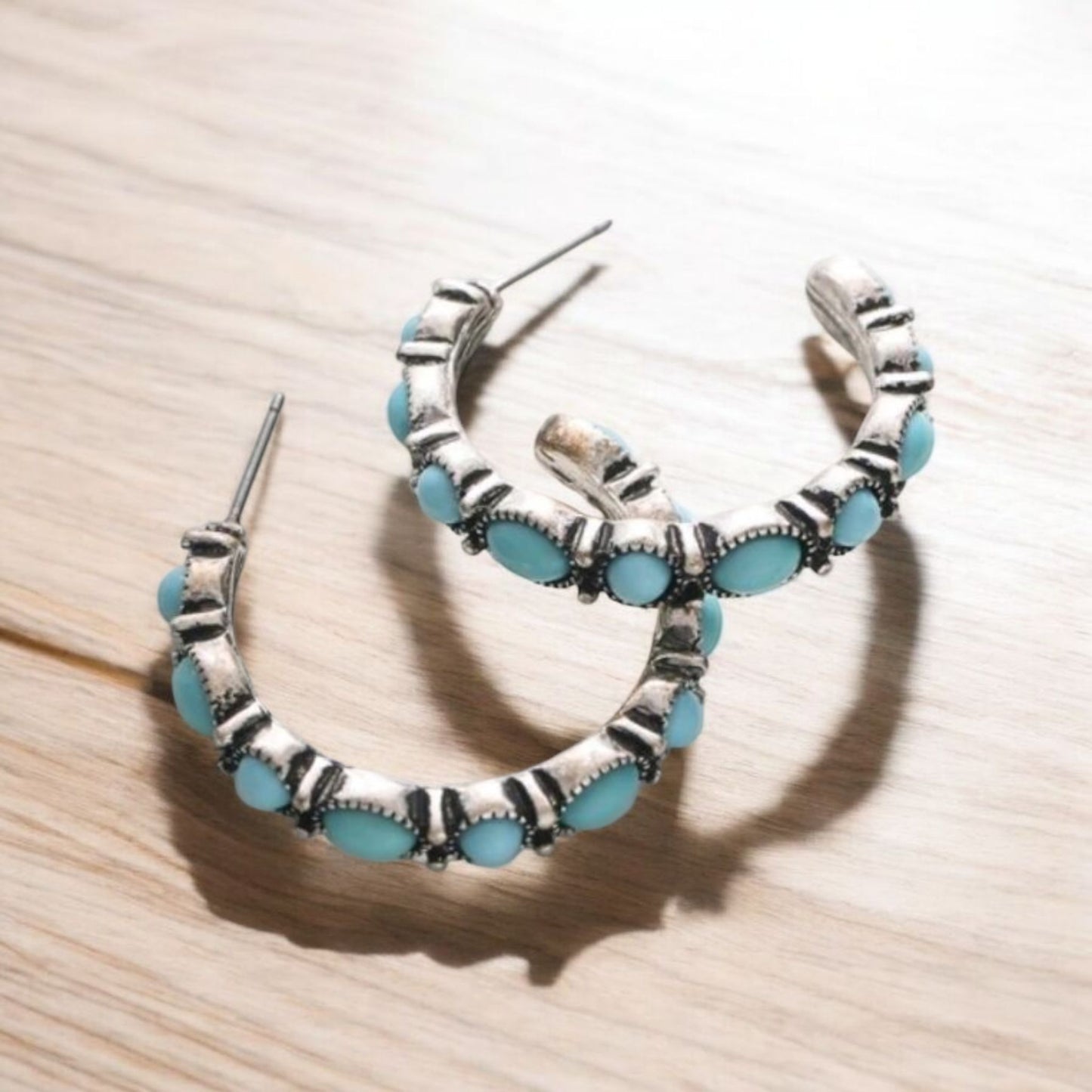 On Her Way Cowgirl Blue Crackle Stone Hoop Earrings