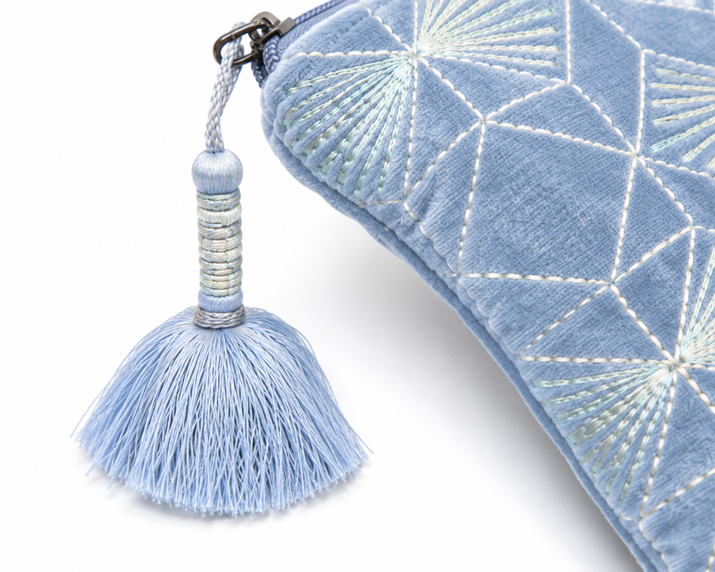 Blue Horizon Velvet Pouch | Embroidered Travel & Cosmetic Bag
