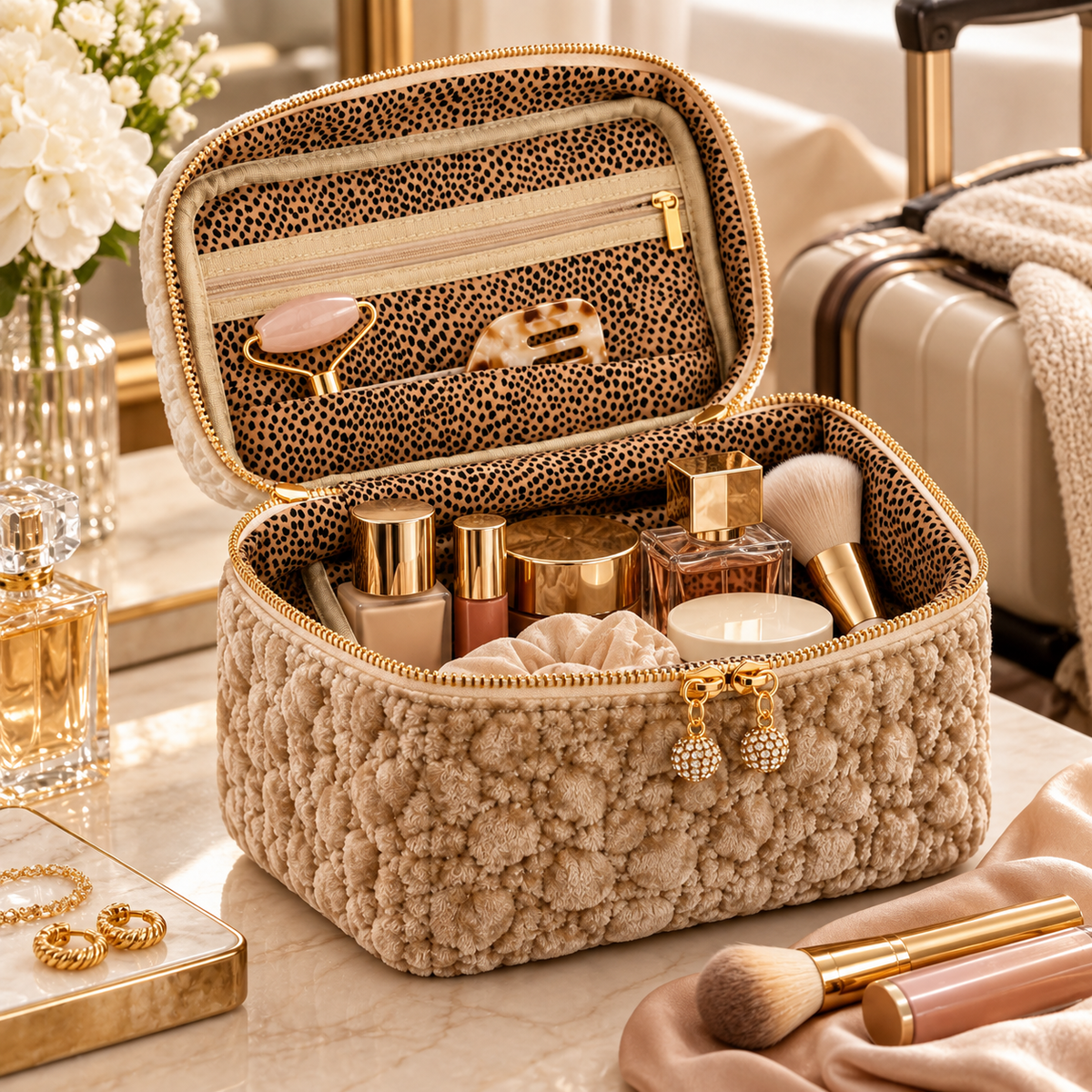 The Velvet Hour Vanity Case – Quilted Cosmetic Organizer