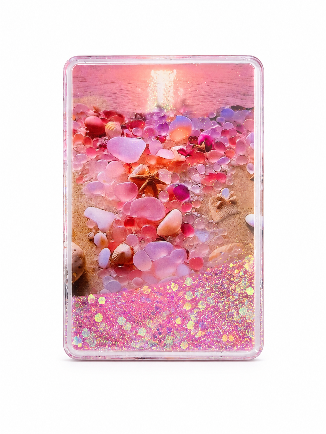Mermaid Beach Glitter Water Filled Compact Mirror – Coastal Seashell Pocket Mirror with Moving Glitter & Magnifying Mirror