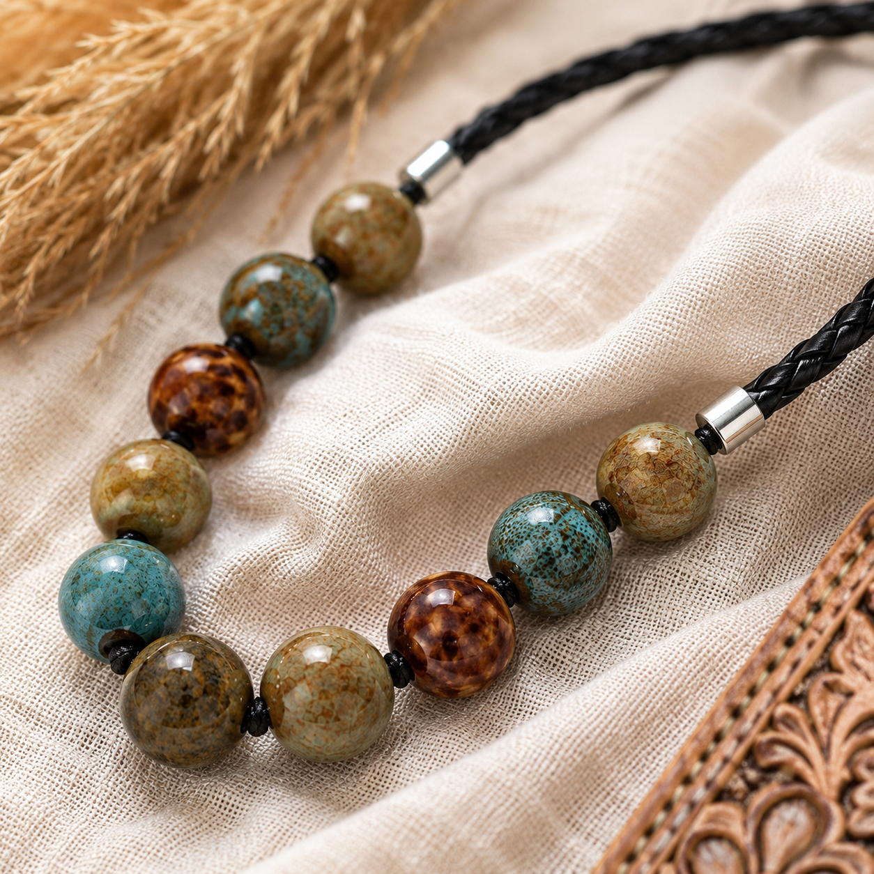 Coastal Canyon Round Ceramic Bead Necklace – Coastal Cowgirl Boho Statement Jewelry