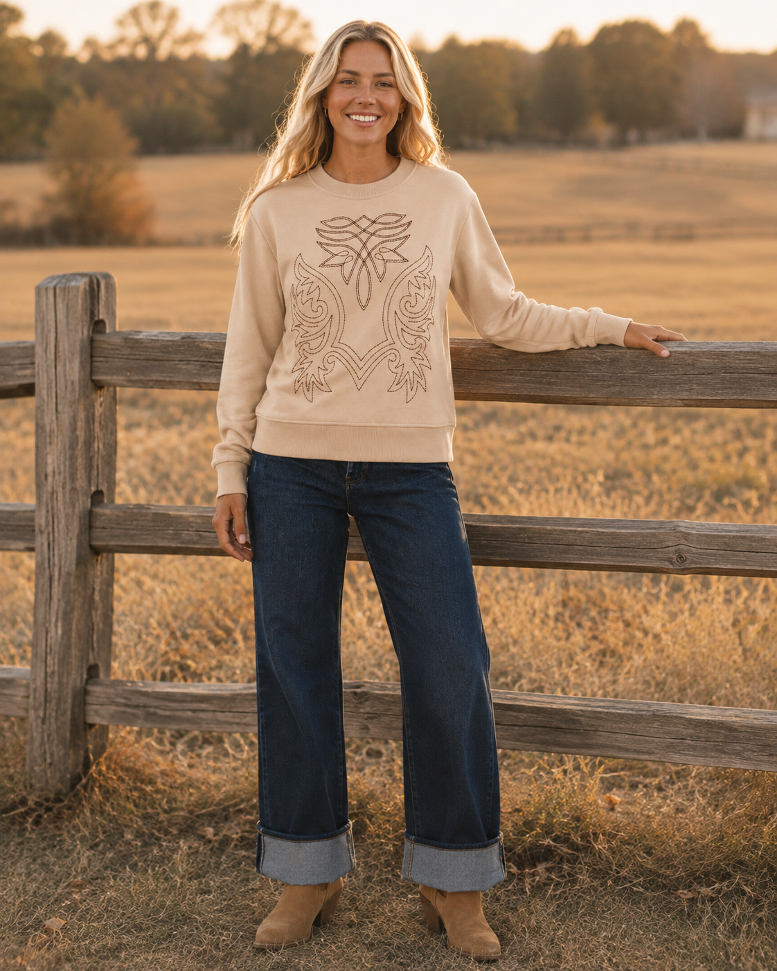 Saddle Stitch Western Embroidered Sweatshirt