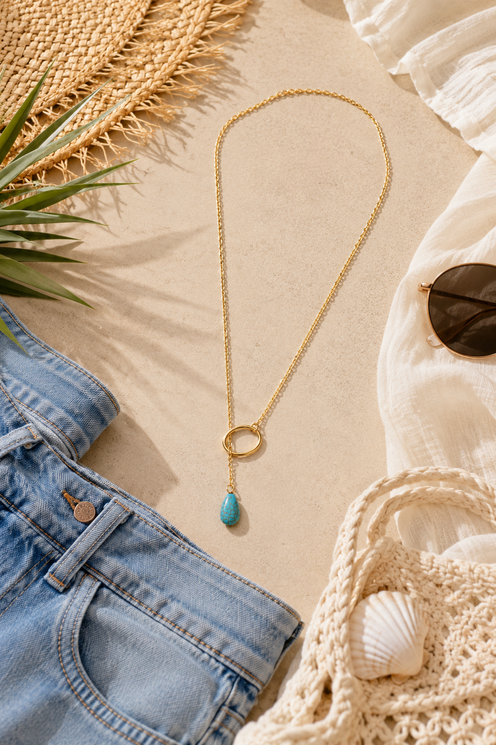 Appreciated And Simple Gold Metal Dainty Necklace with Cowgirl Blue Crackle Drop
