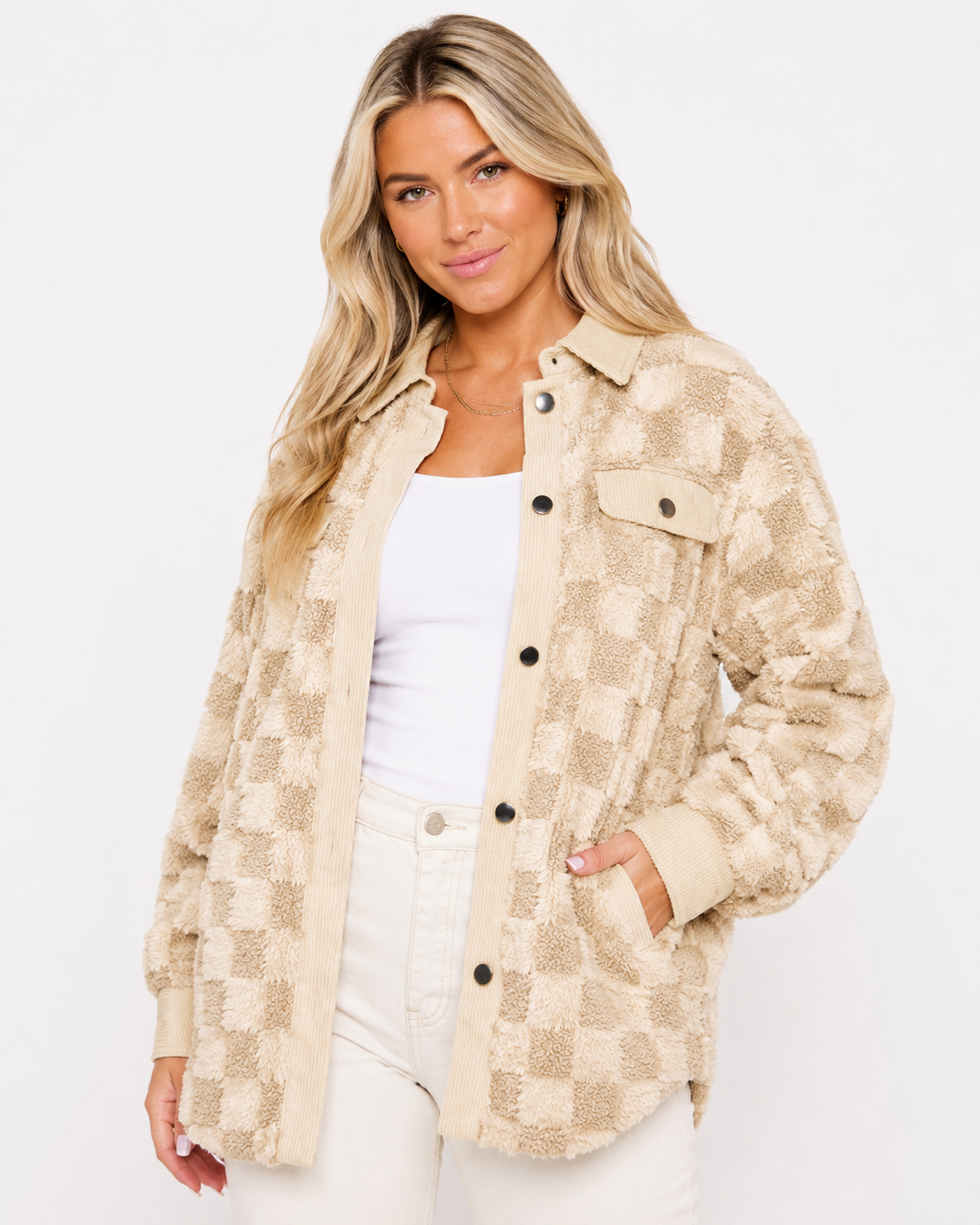 High Plains Plush Check Shacket in cream and khaki styled over a white tank with light neutral denim on a white background.