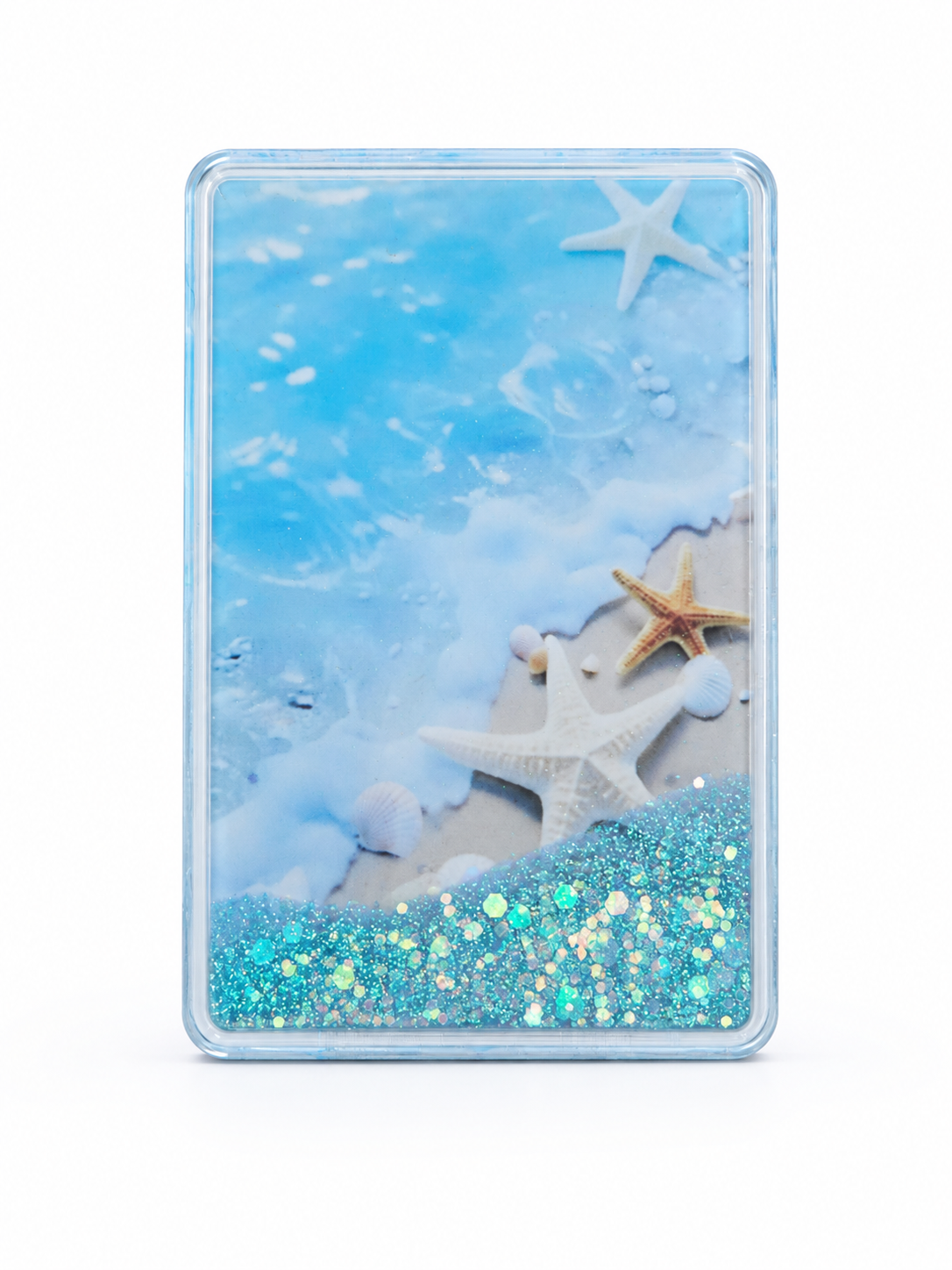 Mermaid Beach Glitter Water Filled Compact Mirror – Coastal Seashell Pocket Mirror with Moving Glitter & Magnifying Mirror