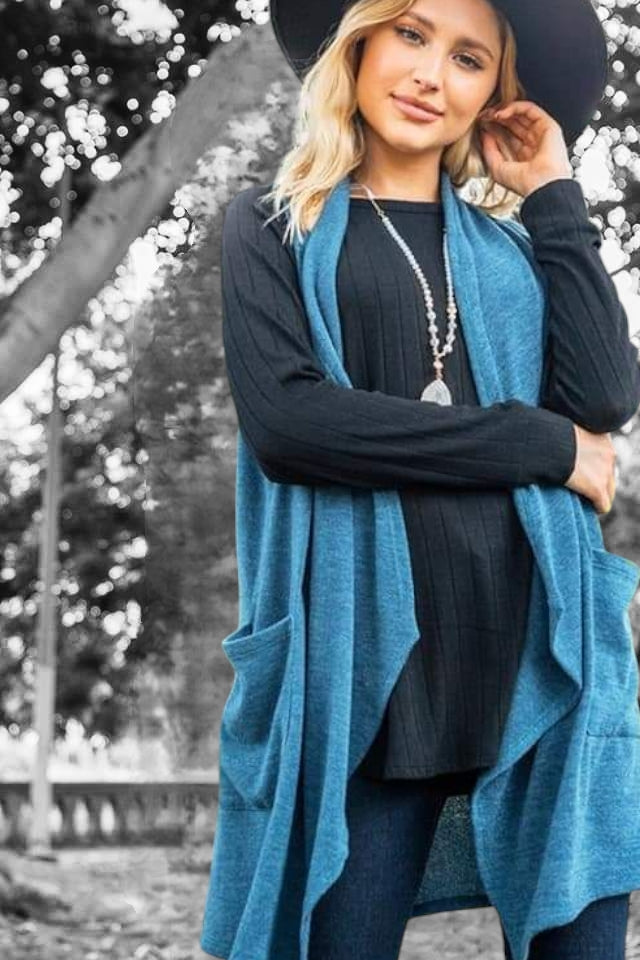 Teal Open Front Free Flowing Vest Cardigan with Pockets