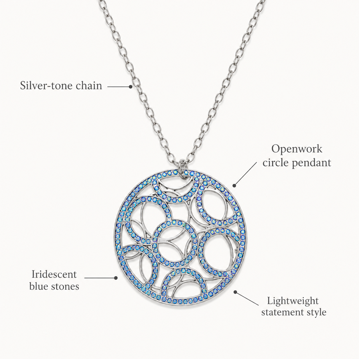 Silver-tone statement necklace with an openwork circle pendant set with iridescent blue stones, shown on a light background with callout labels.