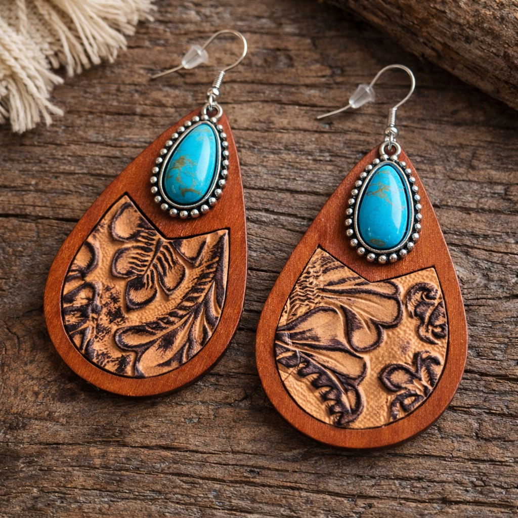 Saddle Ridge Turquoise Wood Teardrop Earrings