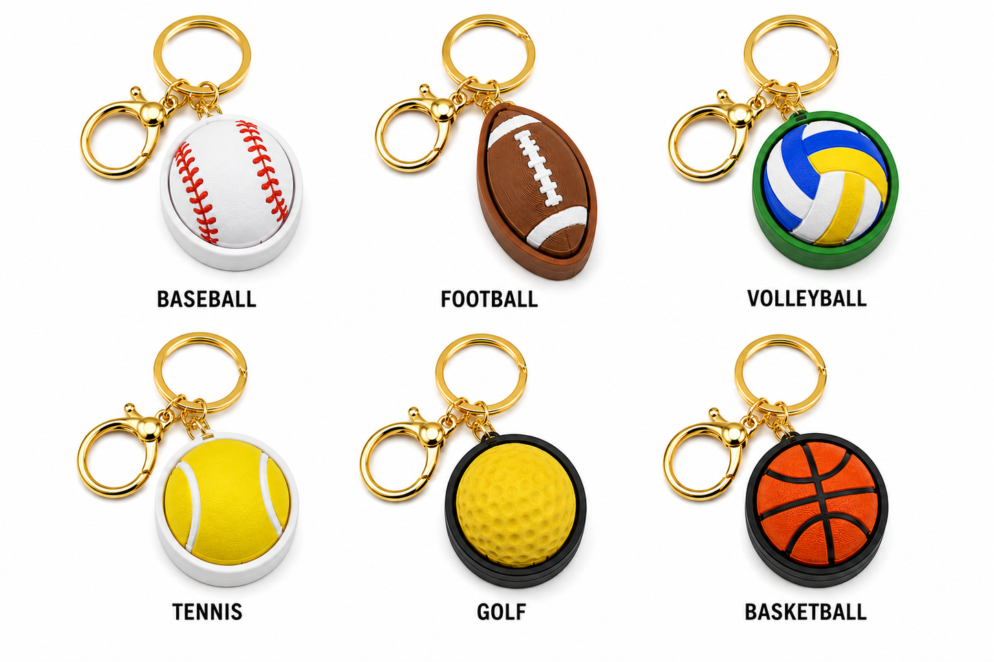 3D Printed Sports Clicker Fidget Keychain with Gold-Tone Clasp, Choice of Baseball, Football, Basketball, Volleyball, Tennis or Golf