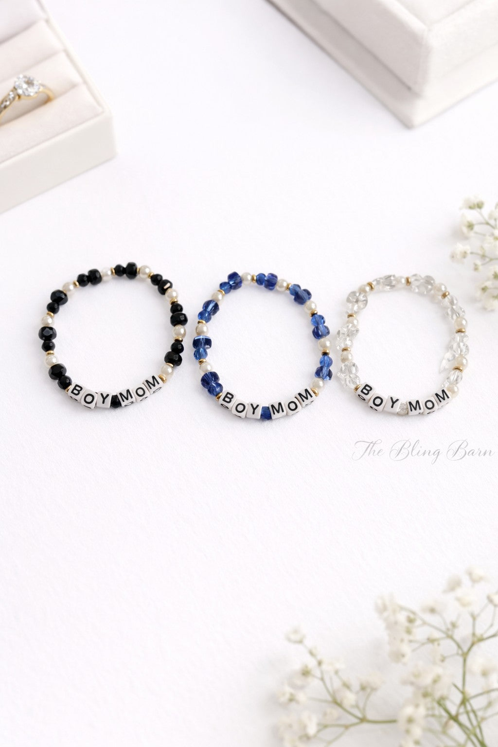 Boy Mama Beaded Stretch Bracelet – Pearl & Faceted Glass Mom Bracelet