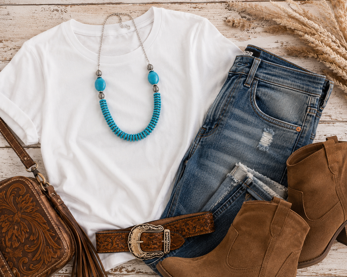 A styled flat-lay outfit on a whitewashed wood background featuring a white short-sleeve T-shirt, blue jeans, a turquoise beaded necklace, a brown tooled leather belt with a western-style buckle, brown suede ankle boots, and a brown tooled leather crossbody bag.